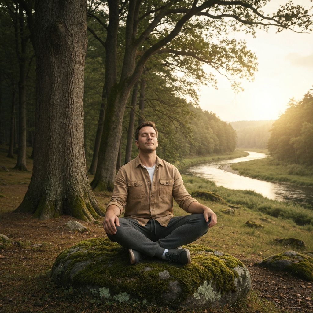 Man meditating and managing stress in peaceful nature